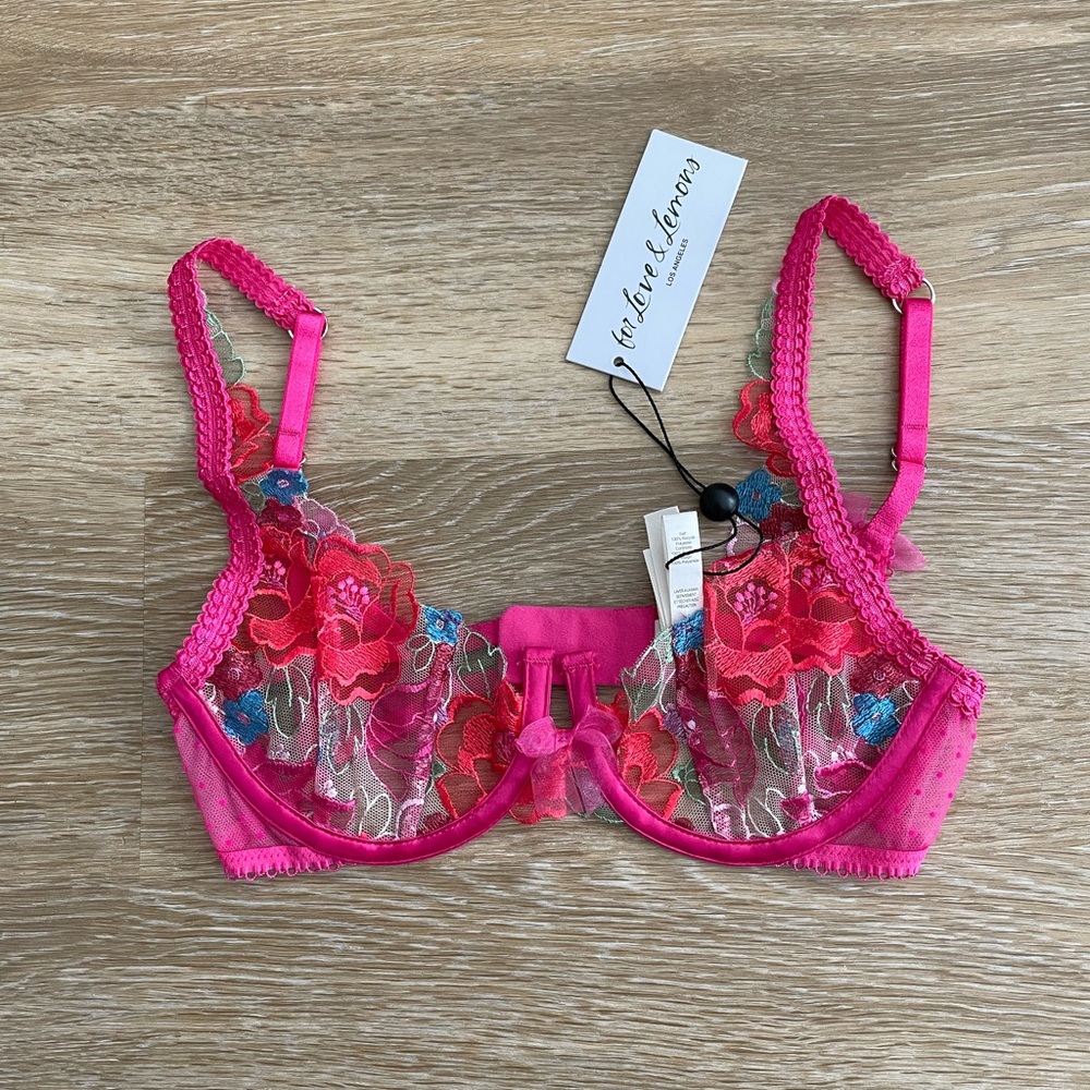 For Love And Lemons Bright Pink Floral Lace Bra